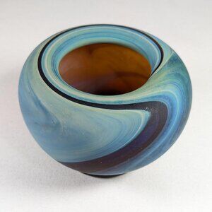 Small Swirl Art Glass Vase, Small Blue Brown Hebron glass Phoenician Glass art